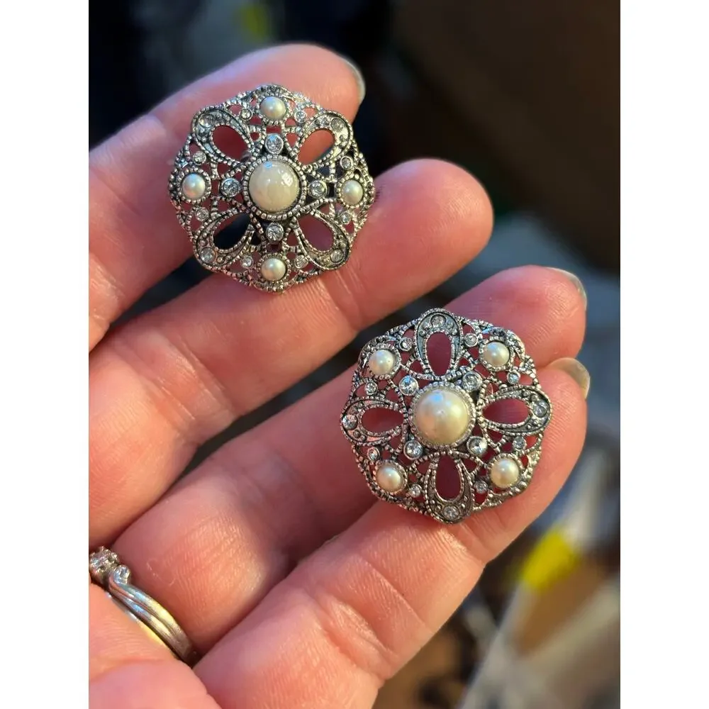 Art Deco Pearl Rhinestone Filigree Flower Clip Earrings Bridal Glam Vintage